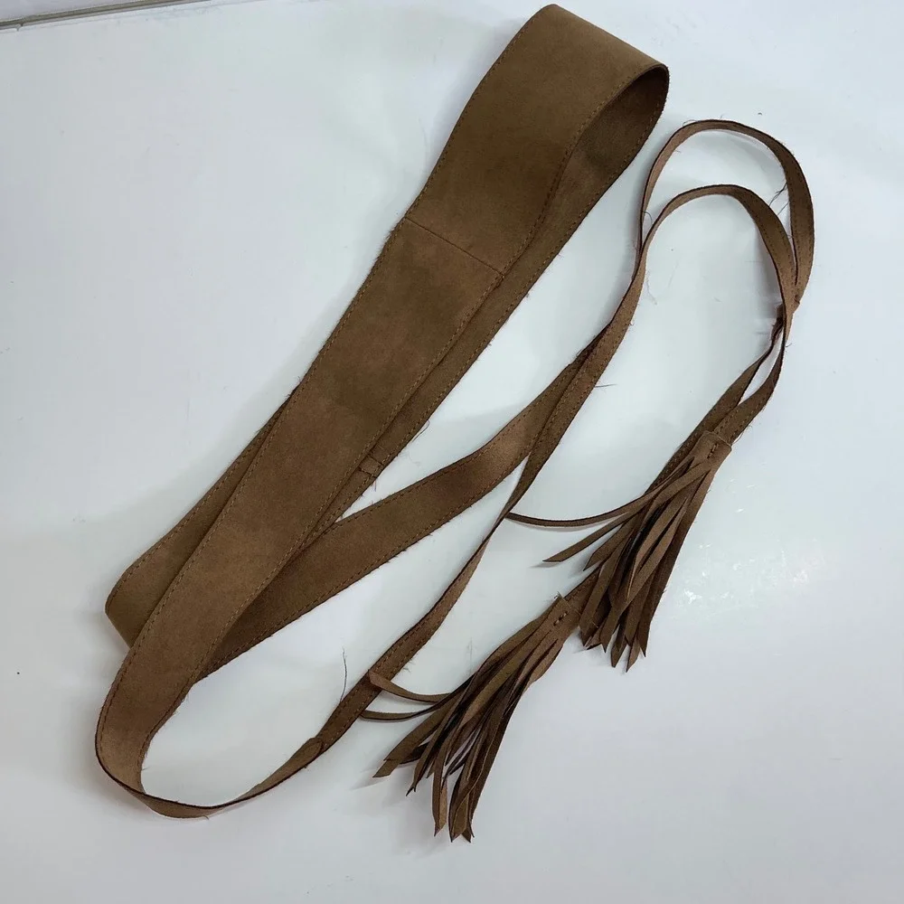 Vintage Faux Suede Tassel Wrap Obi Belt Women Brown Fringe Cinch Waist Boho